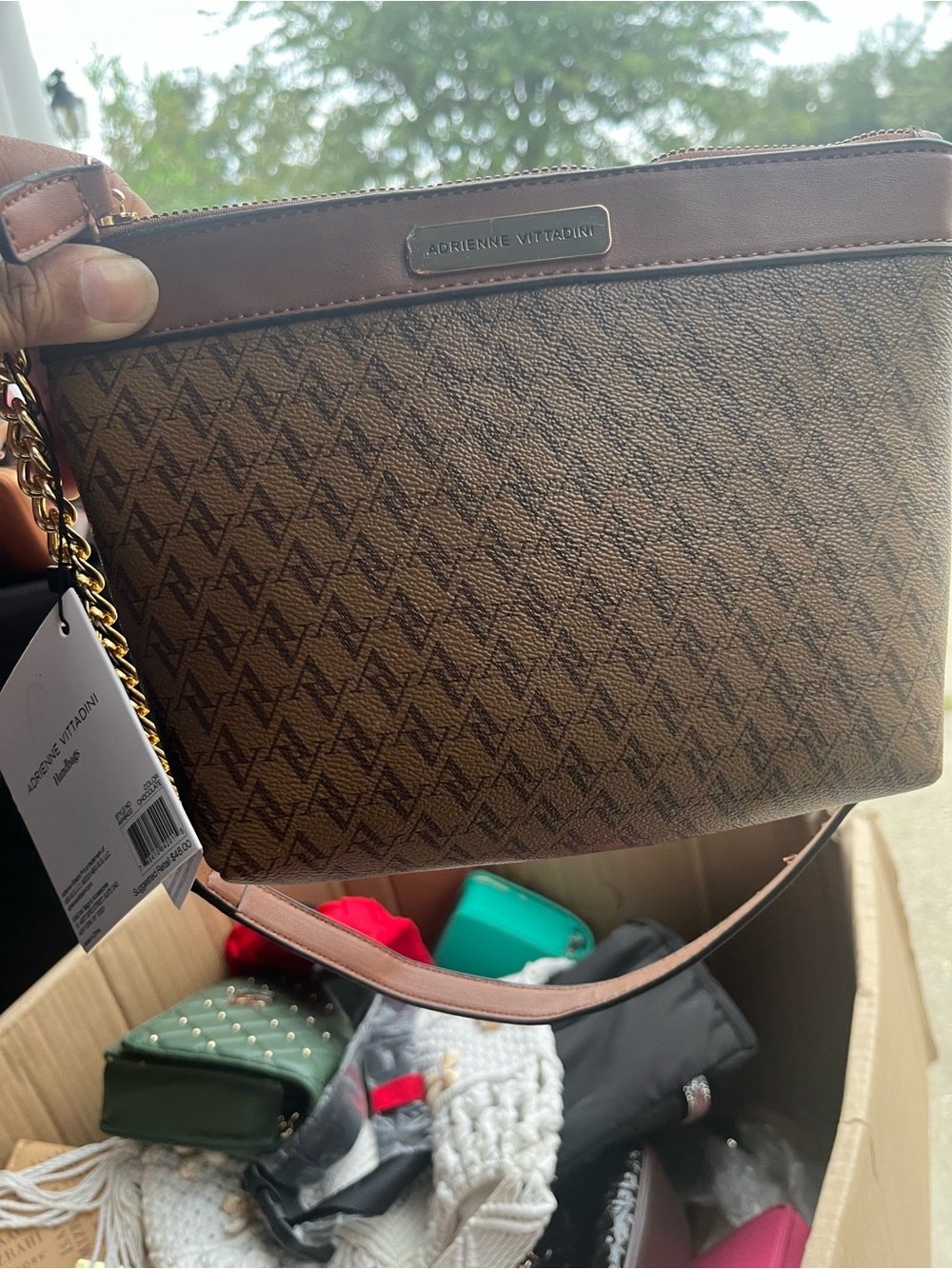 Adrienne Vittadini Brown Monogram Crossbody with Chain Strap